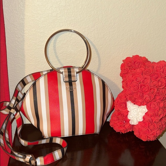 Guess Handbags - GUESS Red and Cream Striped Shoulder Bag with Gold Handles